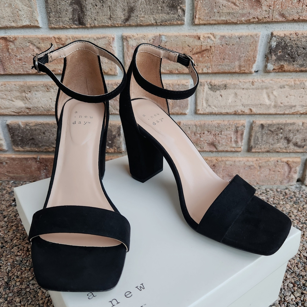 Classic Black Faux Suede Block Heel | Emma Square Toe